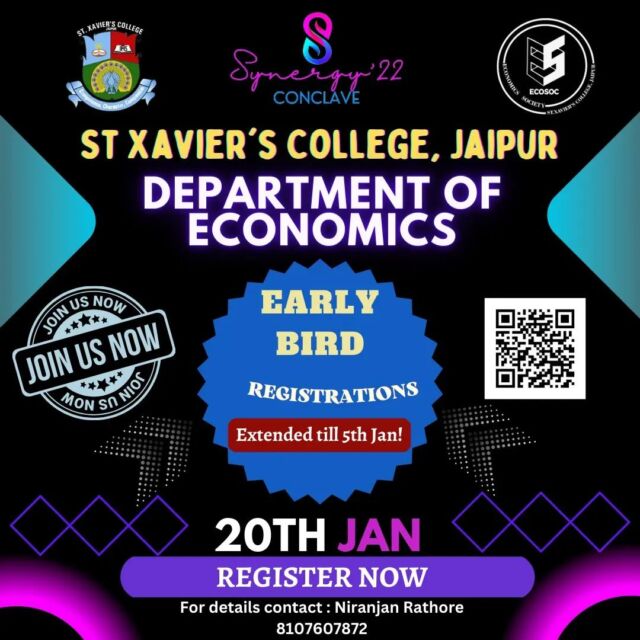 Hey y'all!
Early bird is extended till 5th of January, Seize the opportunity!

#earlybird #synergy #collegefest #economics #ecosoc #ecosoc #festsynergy #events