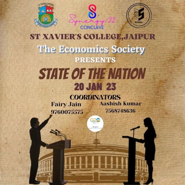 If you're one of those folks who lambasts the condition of the country as if they were a croaking frog !
Then you must participate in STATE OF THE NATION as it will provide an excellent arena for expressing one's patriotic and unpopular beliefs.

#synergy#festsynergy #collegefest #college #ecosoc #stateofthenation #fun #events #xaviers #economics #2023 #collegestudent #jaipur #participate #register