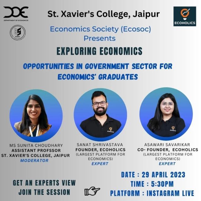 Join us live on 29th April 2023 at 5:30 PM for an informative session on Career Opportunities in Government Sector for Economics' Graduates by Experts from @ecoholics.in
#economics #careerdevelopment #careerguidance #ecoholic #ecoholicsforschool #xaviersjaipur #collegelife #studentlife #governmentjob #governmentjobindia #careerineconomics #economics
